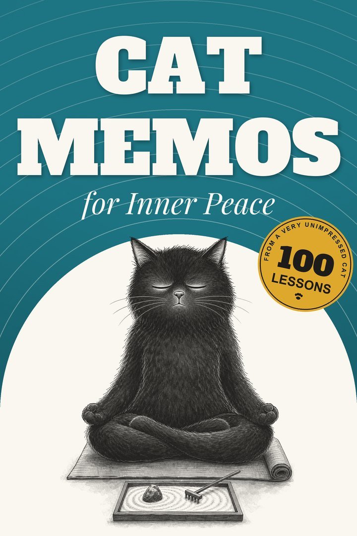Cat Memos for Inner Peace - cover with a black cat sitting in a lotus pose beside a zen garden