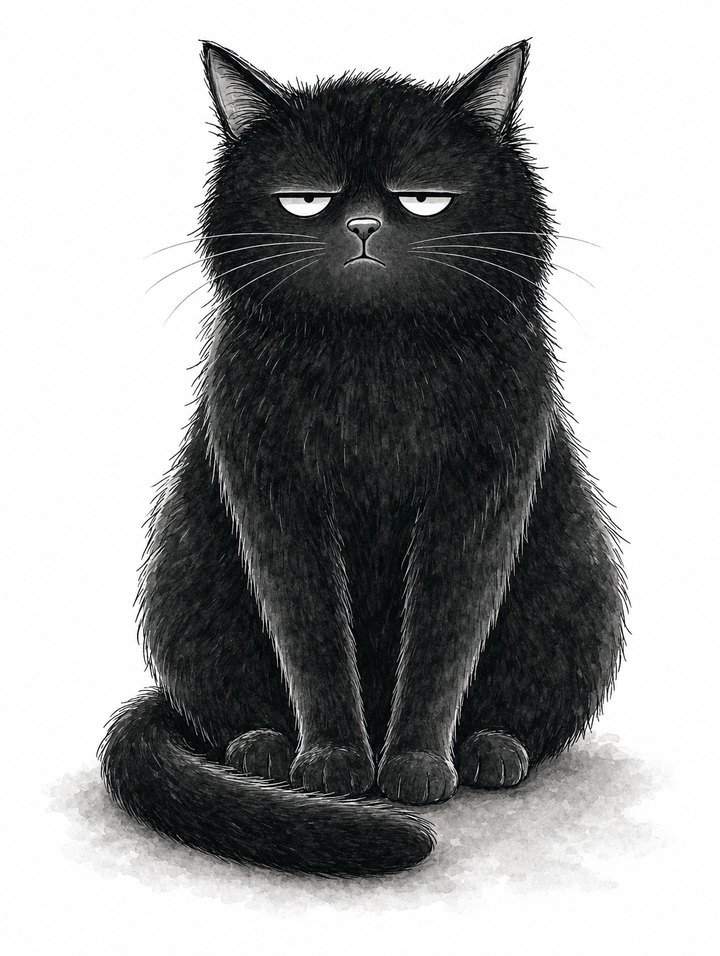 The cat from Cat Memos: a plush black cat, half-lidded eyes, thoroughly unimpressed